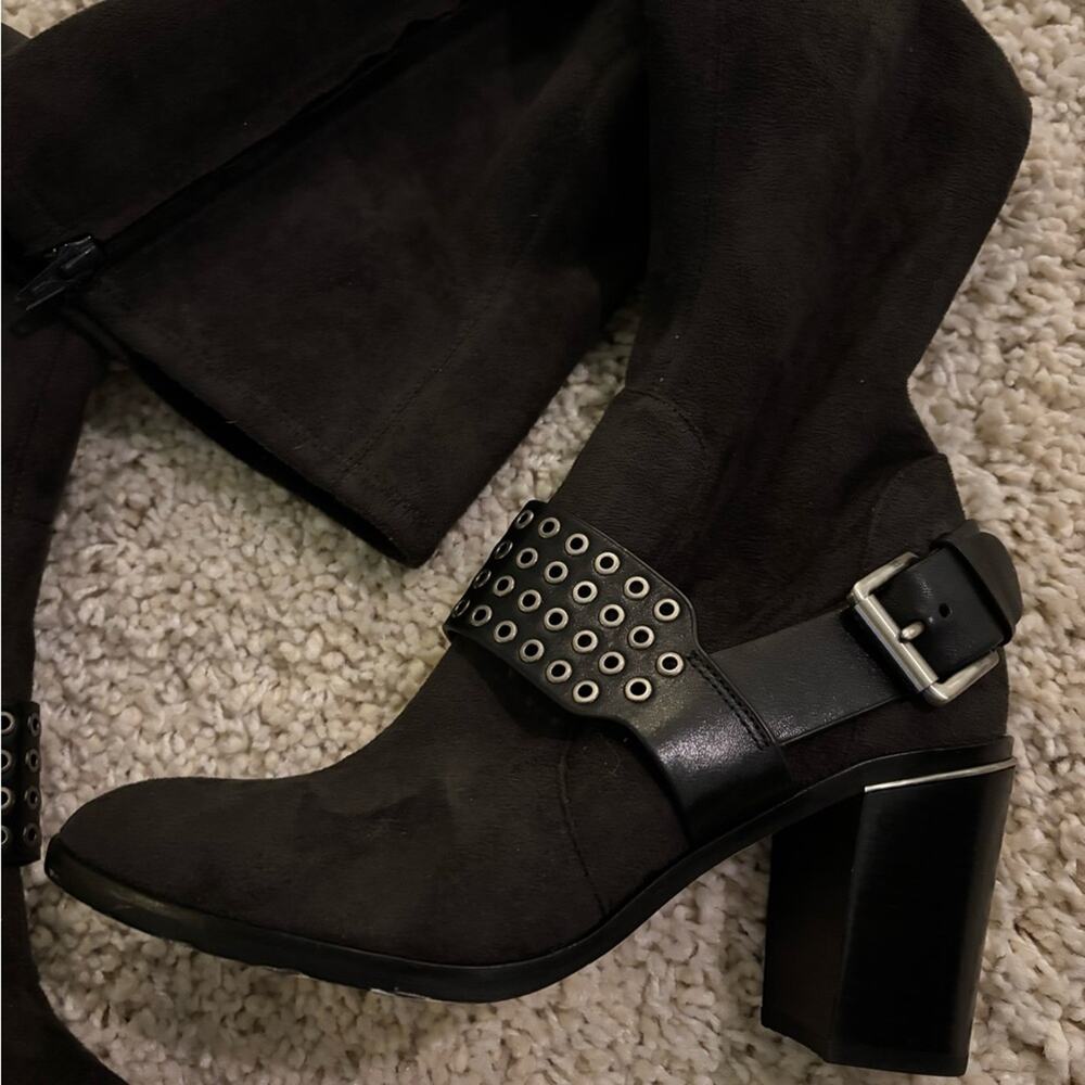 Michael Kors Stretch Suede Nadine Charcoal Tall Heeled Boots Size 6 - Picture 2 of 13